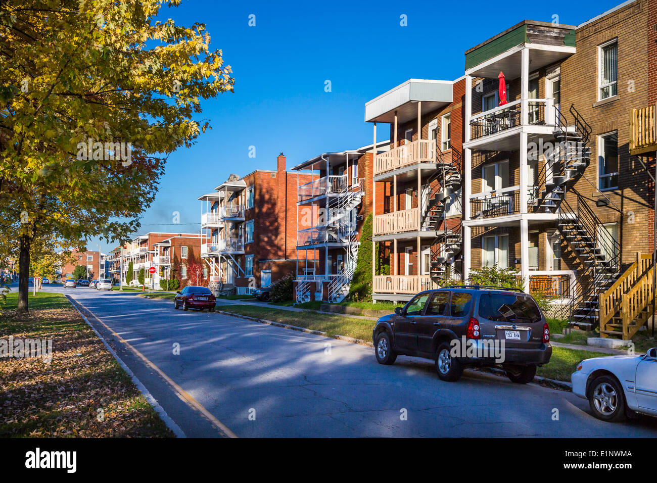 Three story apartment blocks on a street in Shawinigan, Quebec, Canada. Stock Photo