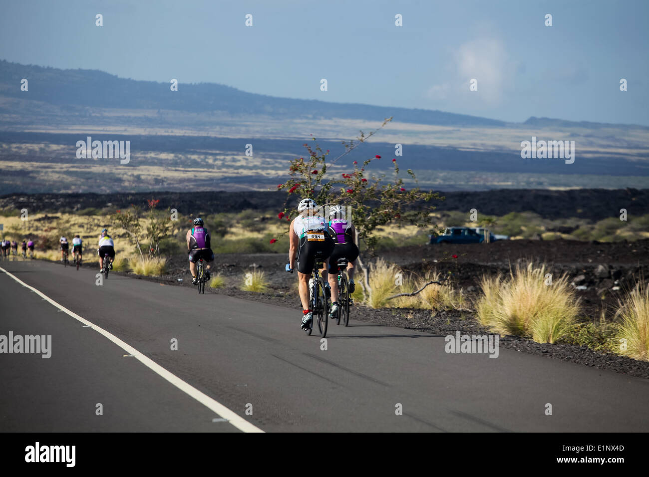 Unidentified cyclers on the Lavaman Triathlon in Waikoloa, Hawaii. It is held in Olympics format: 1.5 km swimming, 40 km biking and 10 km running. Stock Photo