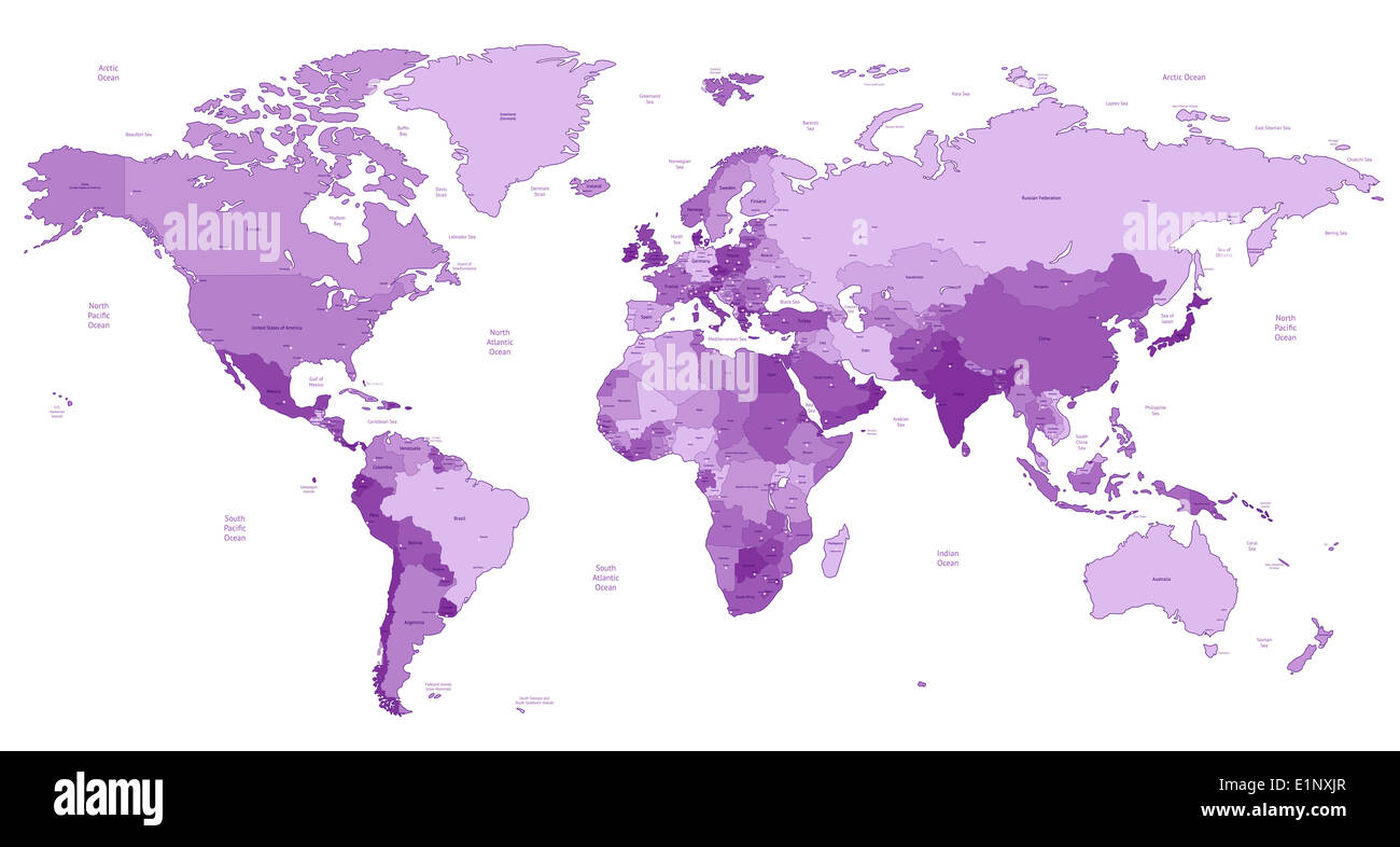 Detailed World map of violet colors. Stock Photo