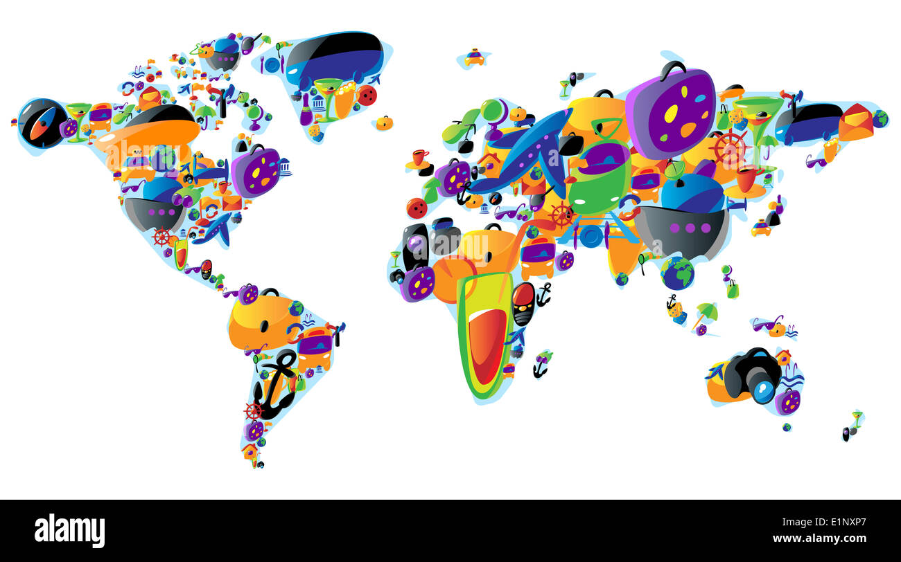 World map made of colorful travel and leisure icons. Stock Photo