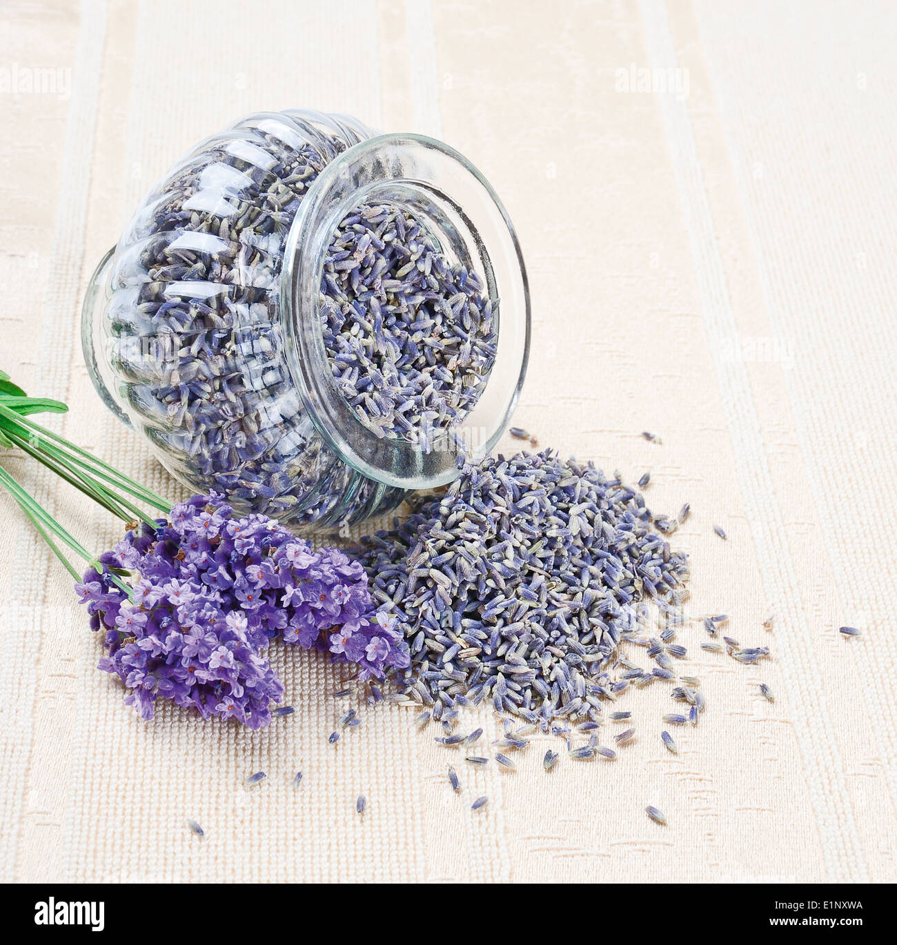 Lavender Flowers Fresh And Dry in a open glass on canvas next to a posy of fresh lavender Stock Photo