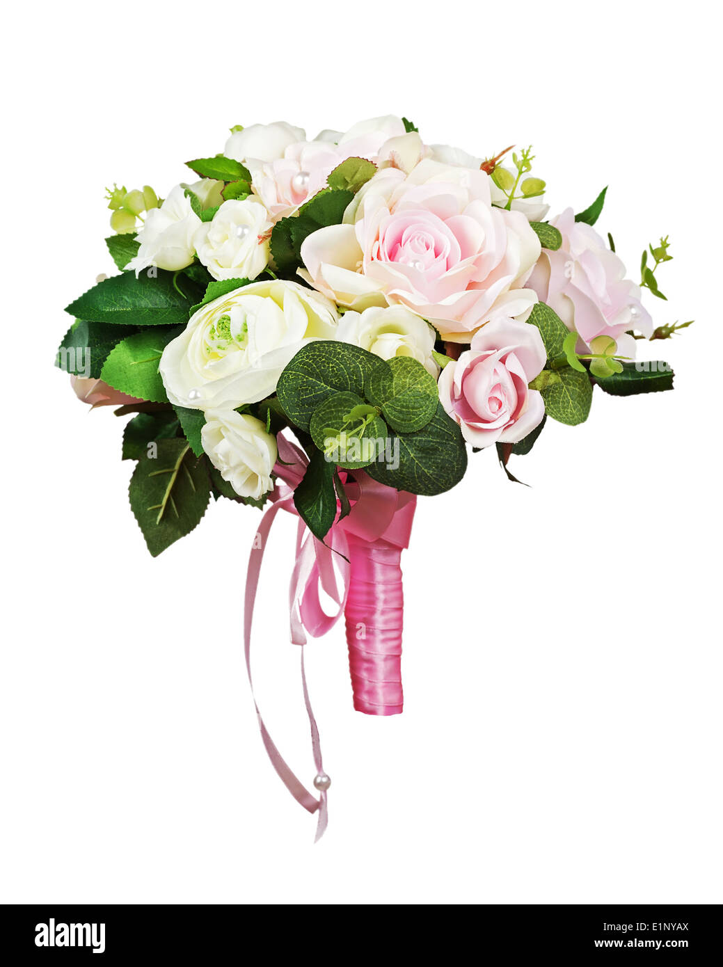 Beautiful wedding bouquet from white and pink roses isolated on white background. Stock Photo