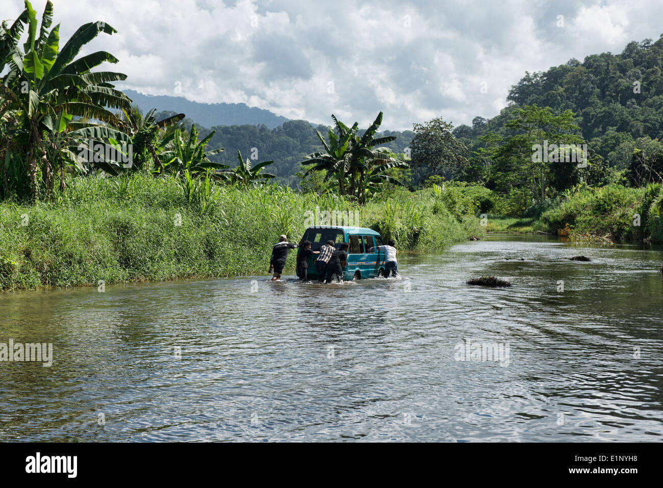 jeep navigating river crossing to Sukamade Beach, Meru Betiri National Park, Java, Indonesia Stock Photo