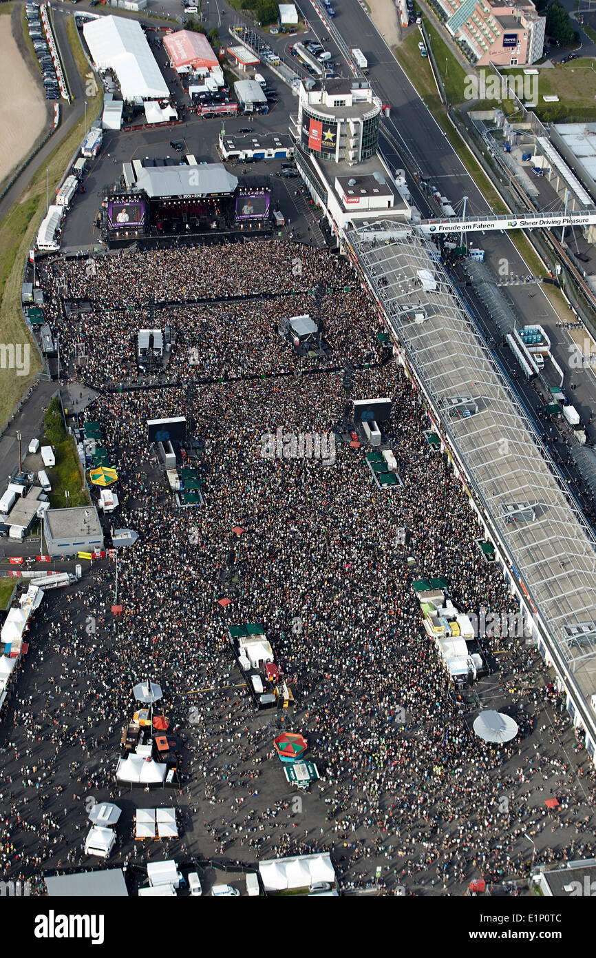 Nuerburg, Germany. 07th June, 2014. The aerial view shows the crowds of  people in front of the main stage during the rock music festival 'Rock am  Ring' at Nuerburgring motorsports complex in