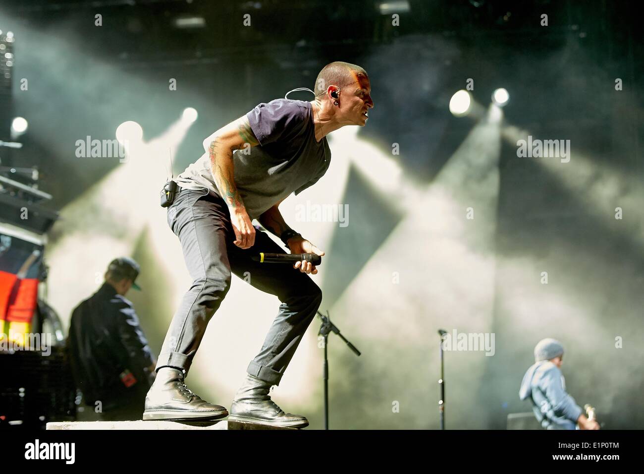 Nuerburg, Germany. 07th June, 2014. Frontman of the US american crossover  band Linkin Park Chester Bennington performs at the rock music festival ' Rock am Ring' at Nuerburgring motorsports complex in Nuerburg, Germany,