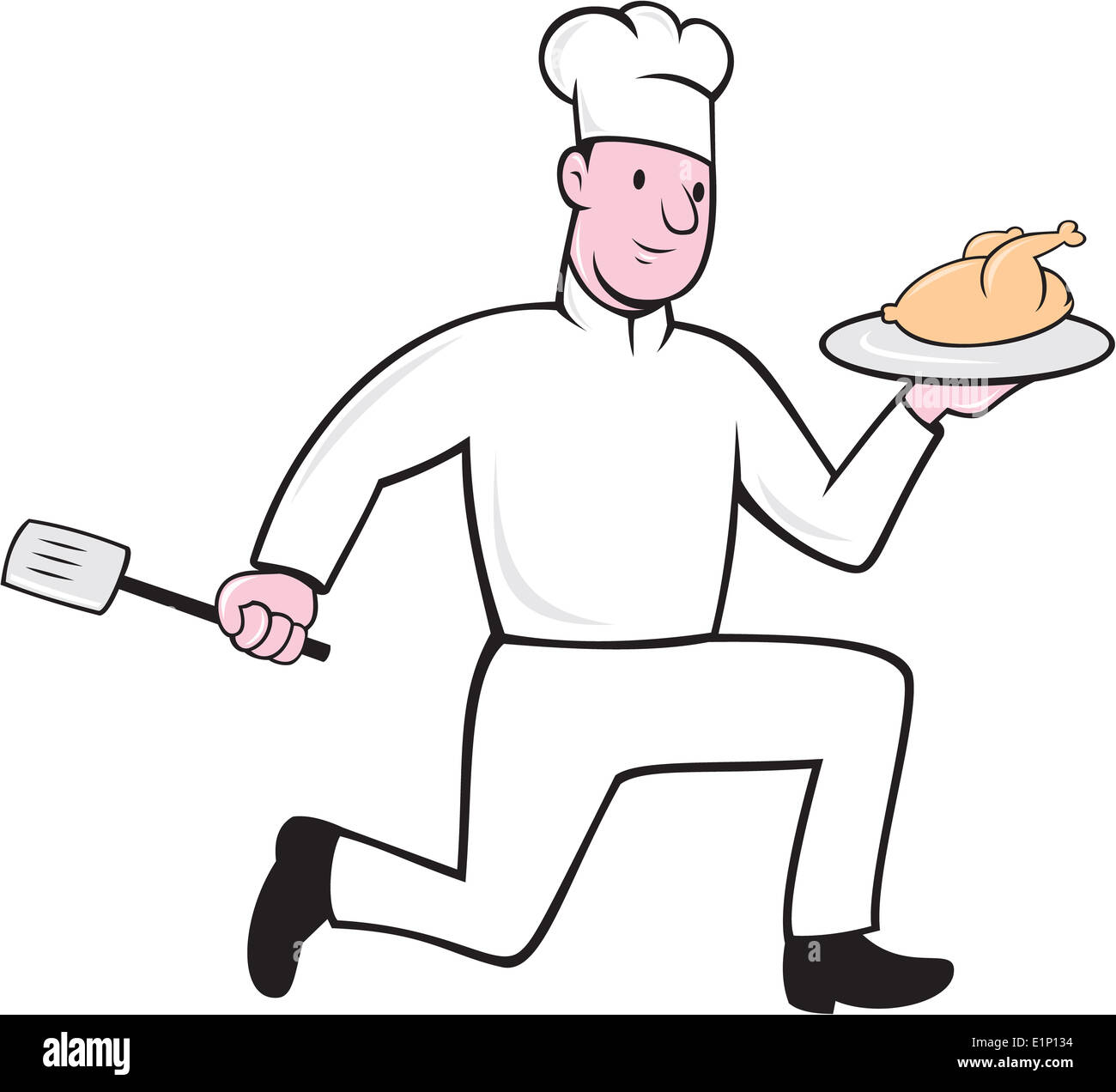 Illustration of a chef cook holding plate with chicken in one hand and spatula on other hand running on isolated white background done in cartoon style. Stock Photo