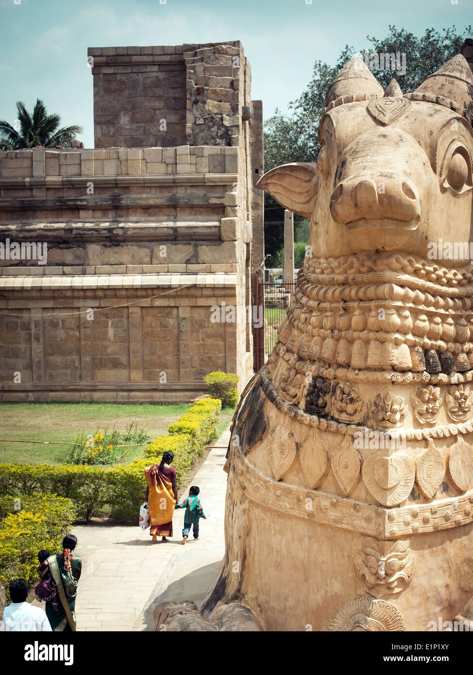 Big statue Nandi Bull in front Hindu Gangaikonda Cholapuram Temple In Hinduism Nandi is a Shiva vehicle South Indian Stock Photo