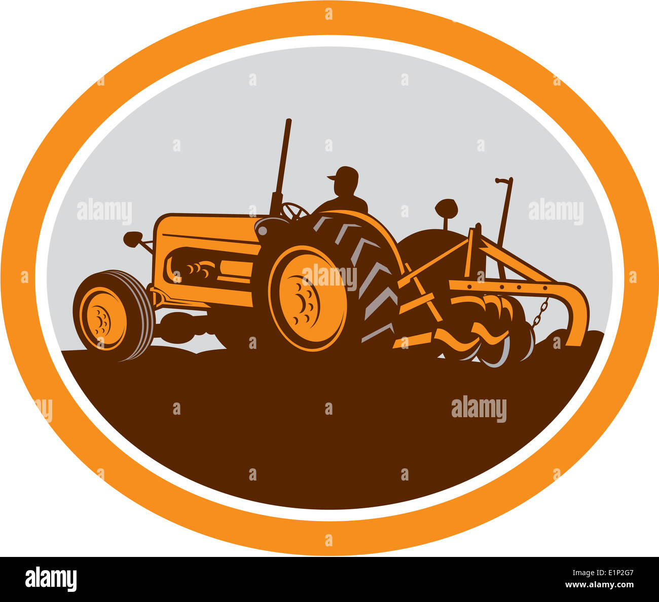 Illustration of a vintage tractor with farmer driver plowing field sideview set inside an oval done in retro style on isolated background. Stock Photo
