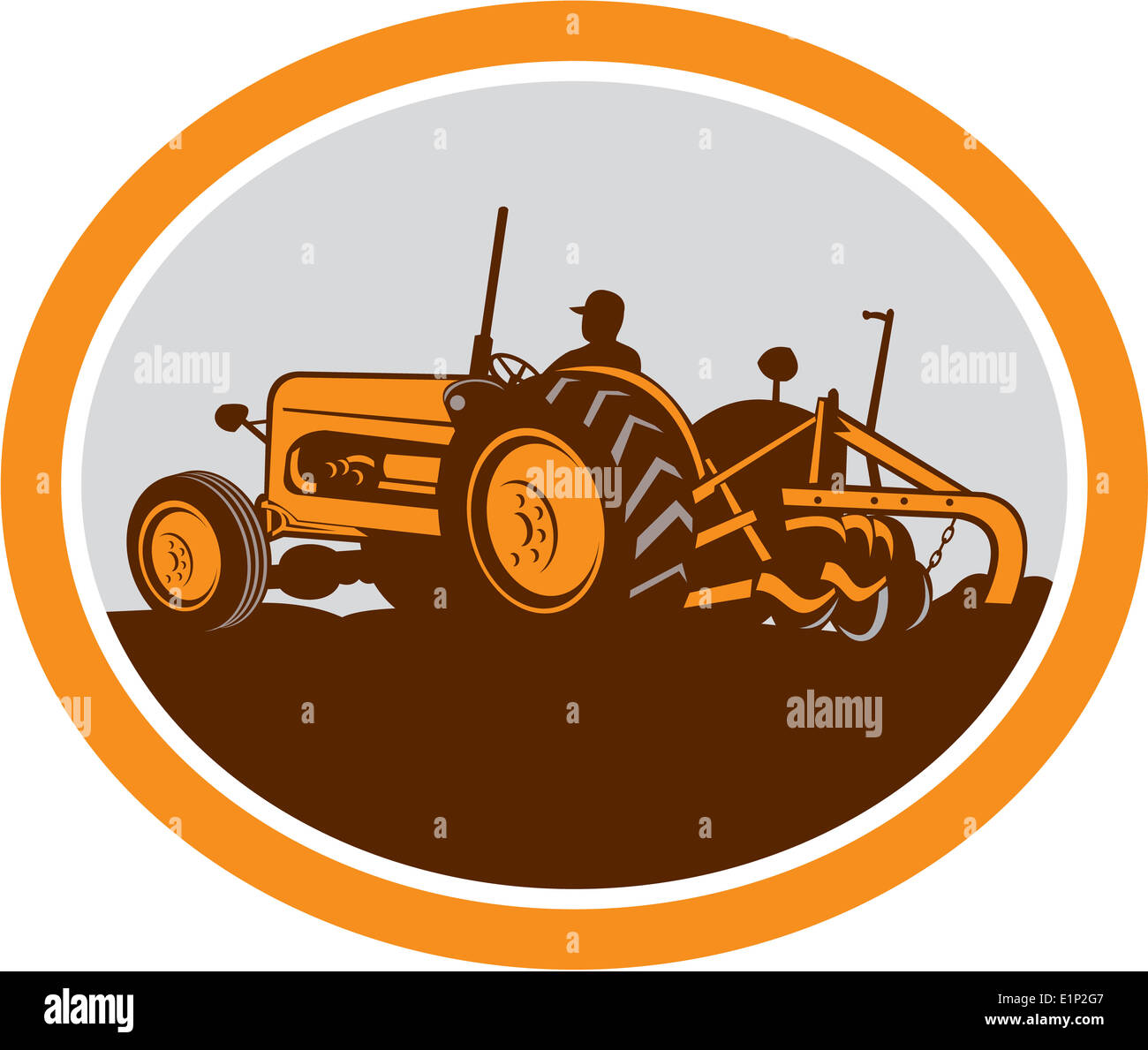Illustration of a vintage tractor with farmer driver plowing field ...