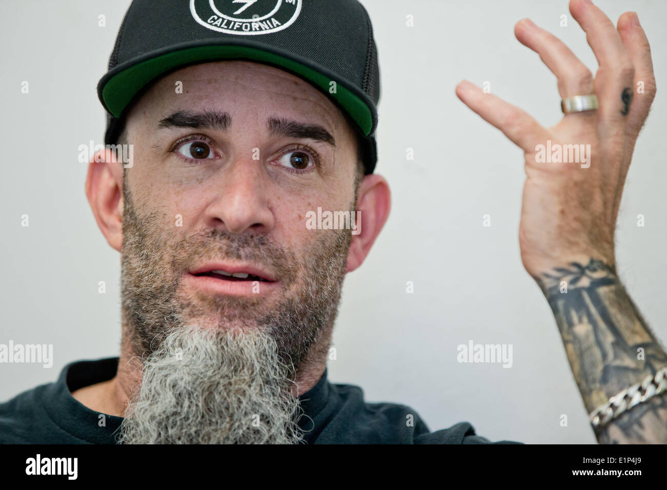 Nuremberg, Germany. 7th June, 2014. Guitarist of the US metal band Anthrax, Scott Ian, pictured during an interview at the 'Rock im Park 2014' m, usic fetical in Nuremberg, Germany, 7 June 2014. The festival continues until 9 June 2014. Photo: Daniel Karmann/dpa/Alamy Live News Stock Photo