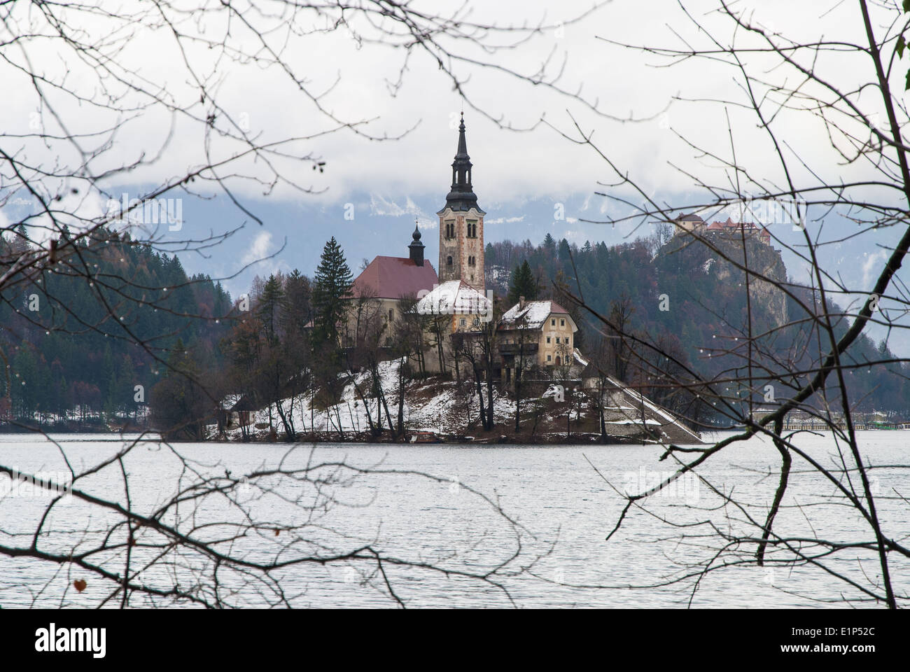 View of Lake Bled with island in Slovenia in winter Stock Photo - Alamy