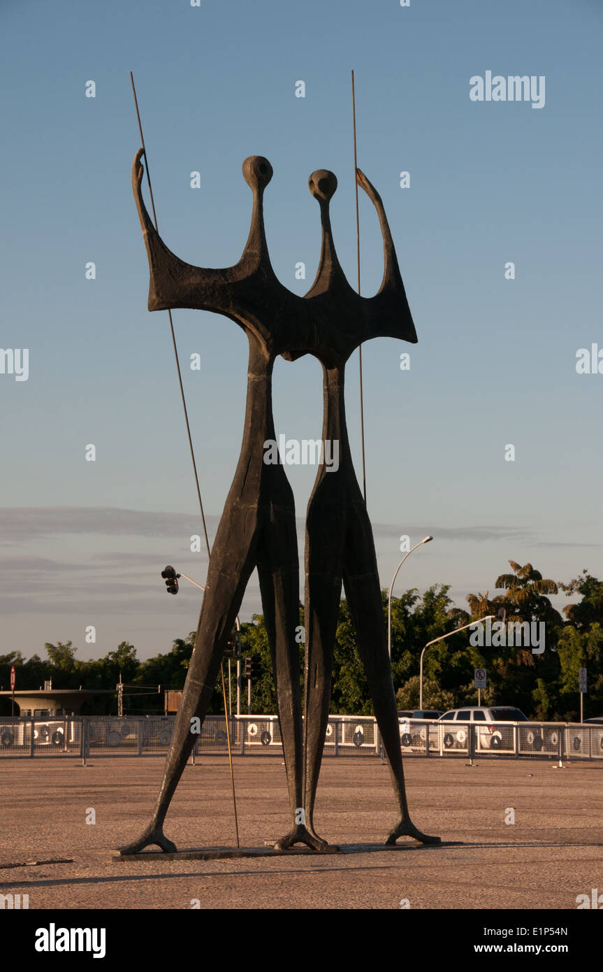 'The Warriors' statue by Bruno Giorgio is a tribute to the thousands of workers who built Brasilia-Presidential palace Stock Photo