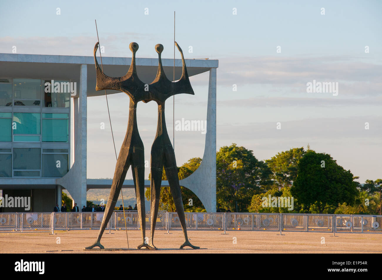 'The Warriors' statue by Bruno Giorgio is a tribute to the thousands of workers who built Brasilia-Presidential palace, Brasilia , Brazil Stock Photo