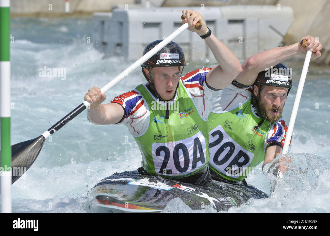 Waltham Cross, Hertfordshire, UK. 8th June, 2014. GB pair of RHYS DAVIES and MATTHEW LISTER drive at a gate during the C2 Men's Semi-Finals at Lee Valley White Water Centre: Steve FlynnZUMA Press Credit:  Steve Flynn/ZUMA Wire/ZUMAPRESS.com/Alamy Live News Stock Photo