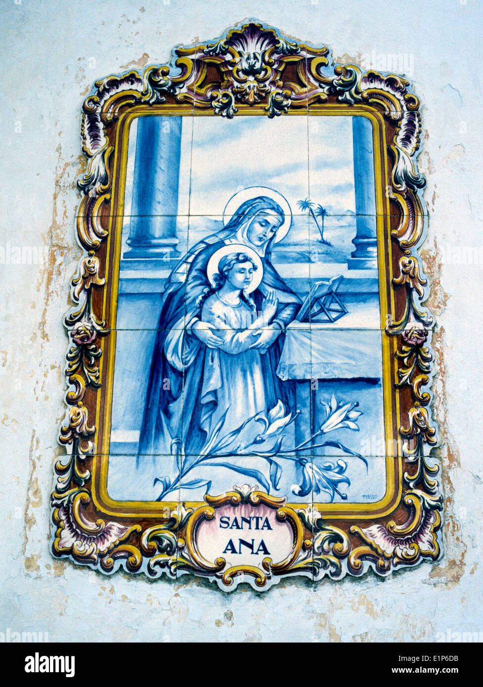 Artistic religious wall tiles pay tribute to Santa (Saint) Ana in the parish of Furnas on Sao Miguel Island in the Azores in the North Atlantic Ocean. Stock Photo