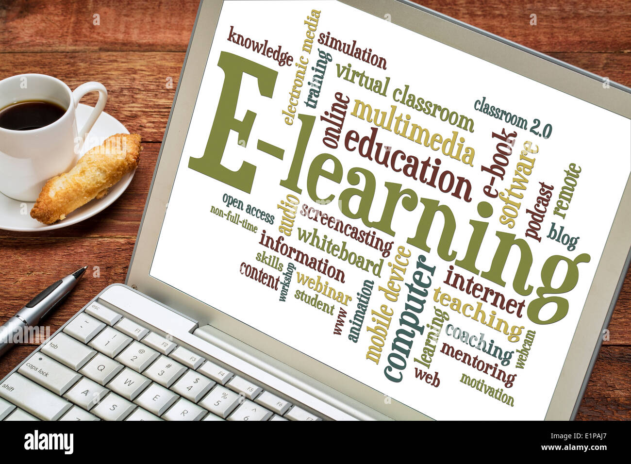 online education concept - e-learning word cloud on a laptop with a cup of coffee Stock Photo