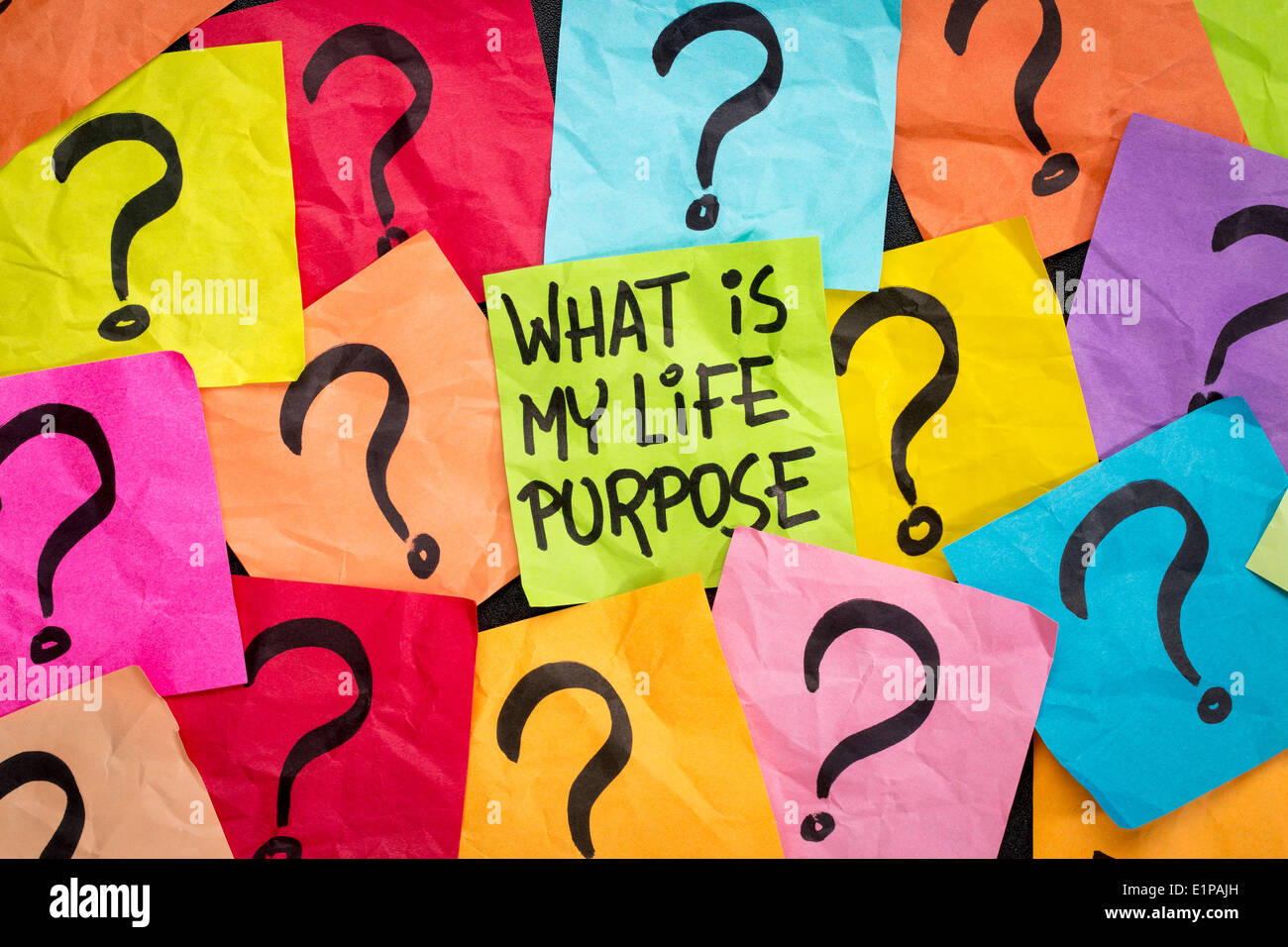 What is my life purpose question - handwriting on colorful sticky notes Stock Photo