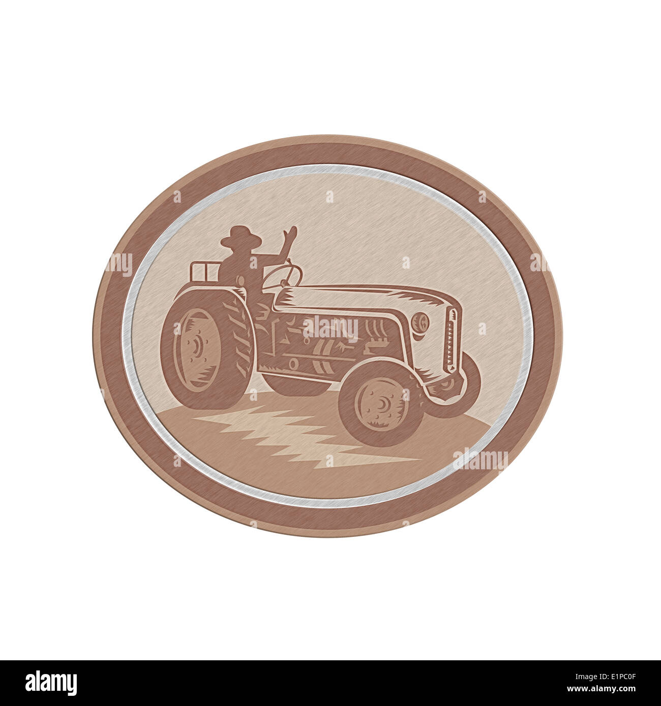 Metallic styled illustration of a vintage tractor with driver waving set inside a circle done in retro style. Stock Photo