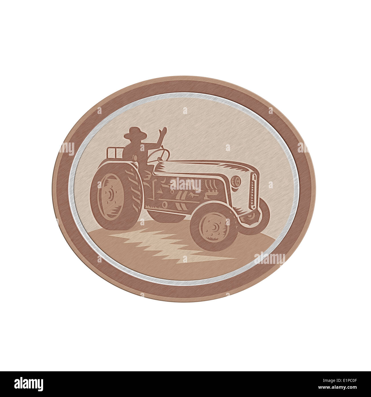 Metallic styled illustration of a vintage tractor with driver waving ...
