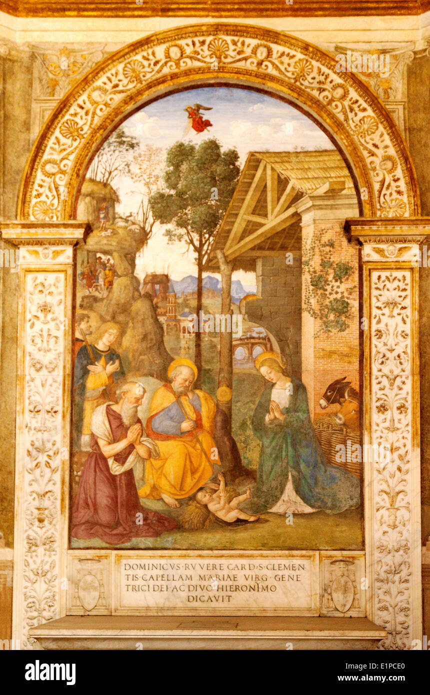 The Adoration of the Child with St. Jerome by Pinturicchio; Della Rovere Chapel, Church of Santa Maria del Popolo; Rome, Italy Stock Photo
