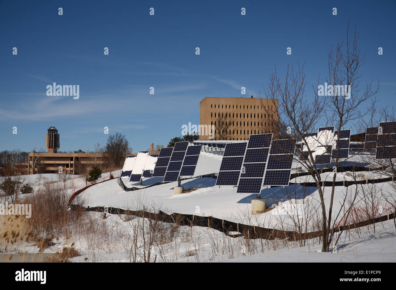 Solar panels in winter at the north campus of the University of Michigan in Ann Arbor, MI on