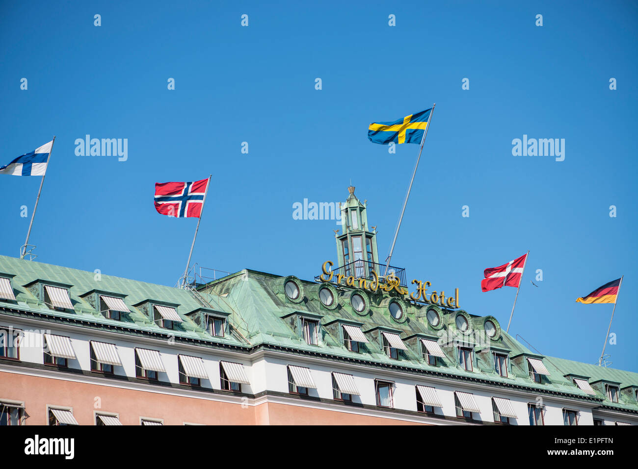 Nordic flags, Stockholm hotel roof Stock Photo