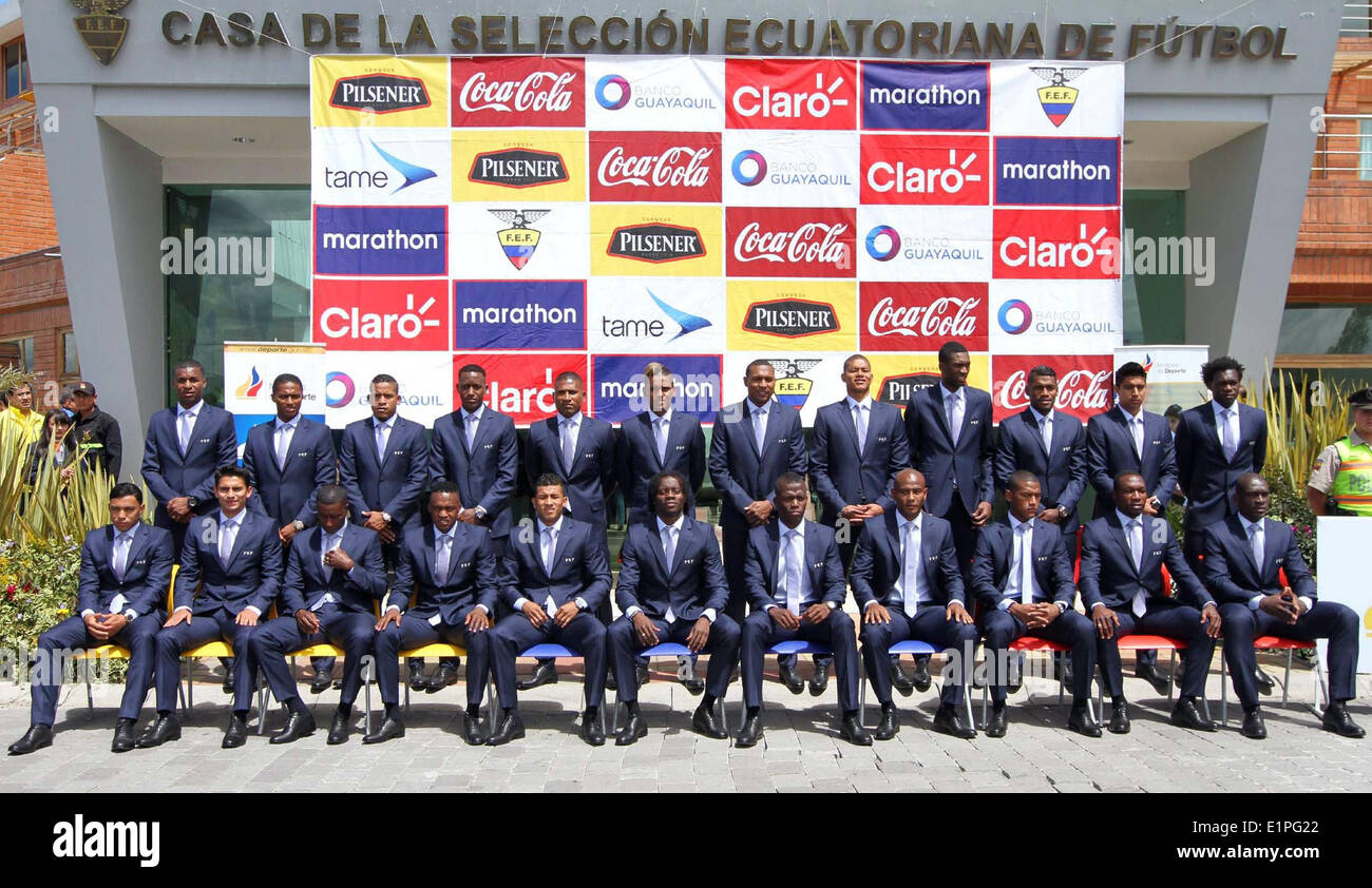 Quito, Ecuador. 8th June, 2014. Players of Ecuador's national soccer team pose for the official photo, at the team's headquarters, in Quito, capital of Ecuador, on June 8, 2014. On June 15, Ecuador will play its first match of the FIFA World Cup Brazil 2014. Credit:  Str/Xinhua/Alamy Live News Stock Photo
