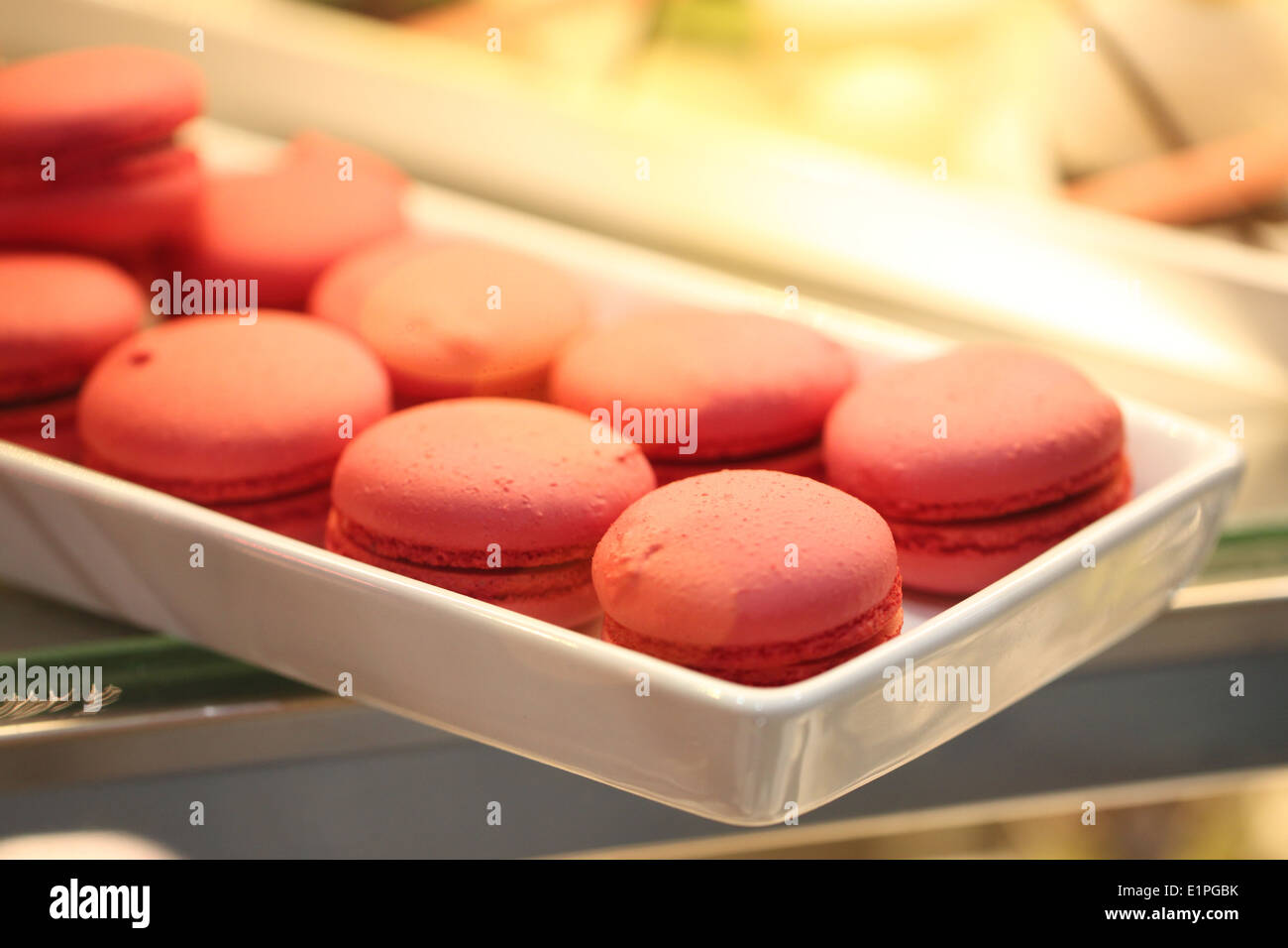 red macaroon in the foods white box. Stock Photo