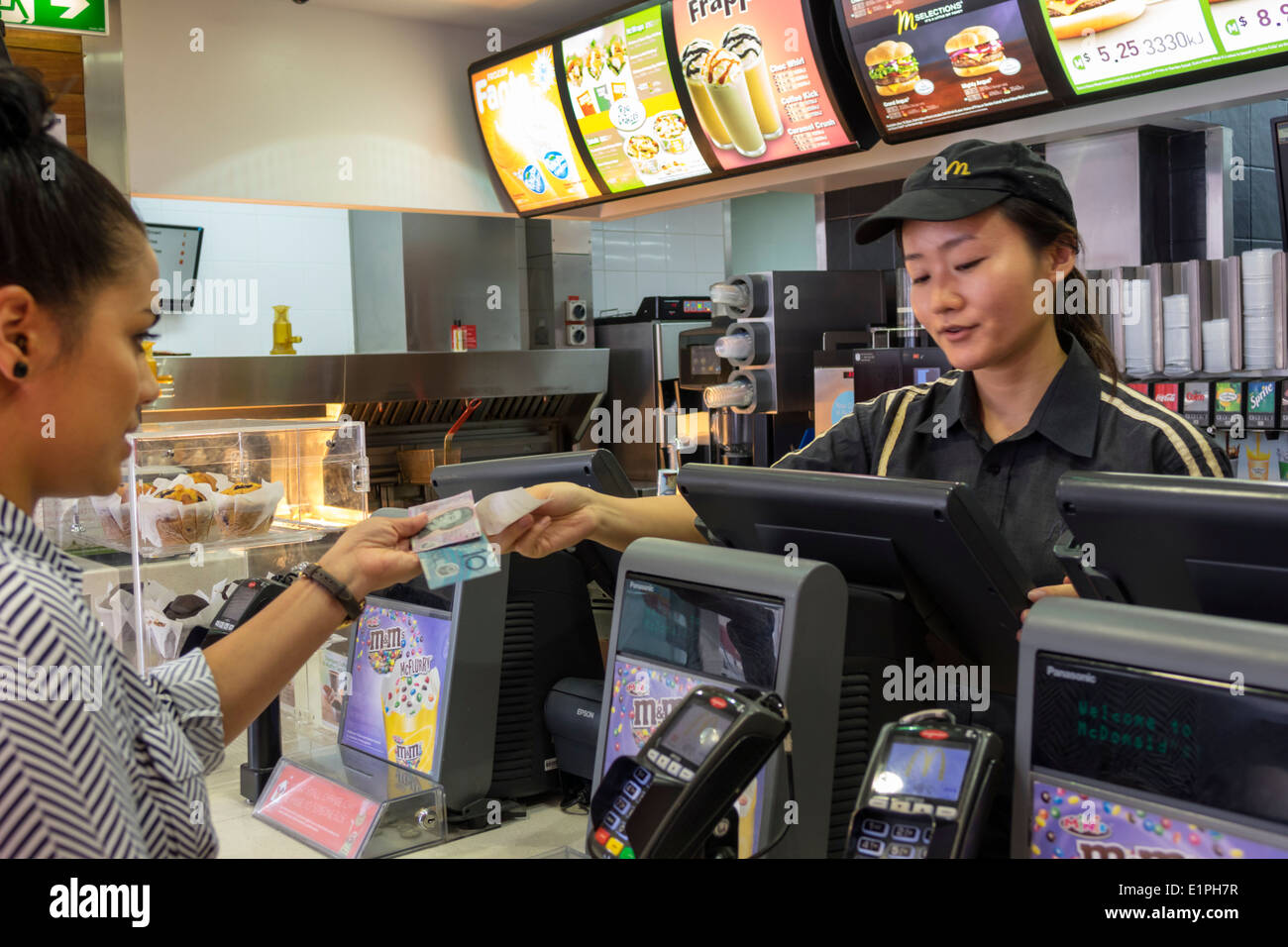 Brisbane Australia,Fortitude Valley,Chinatown,McDonald's,burgers,hamburgers,fast food,restaurant restaurants dining cafe cafes,Asian woman female wome Stock Photo