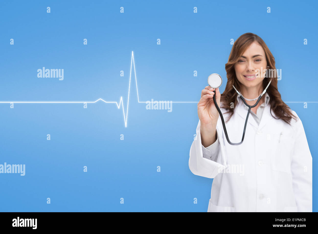Composite image of happy doctor using stethoscope Stock Photo