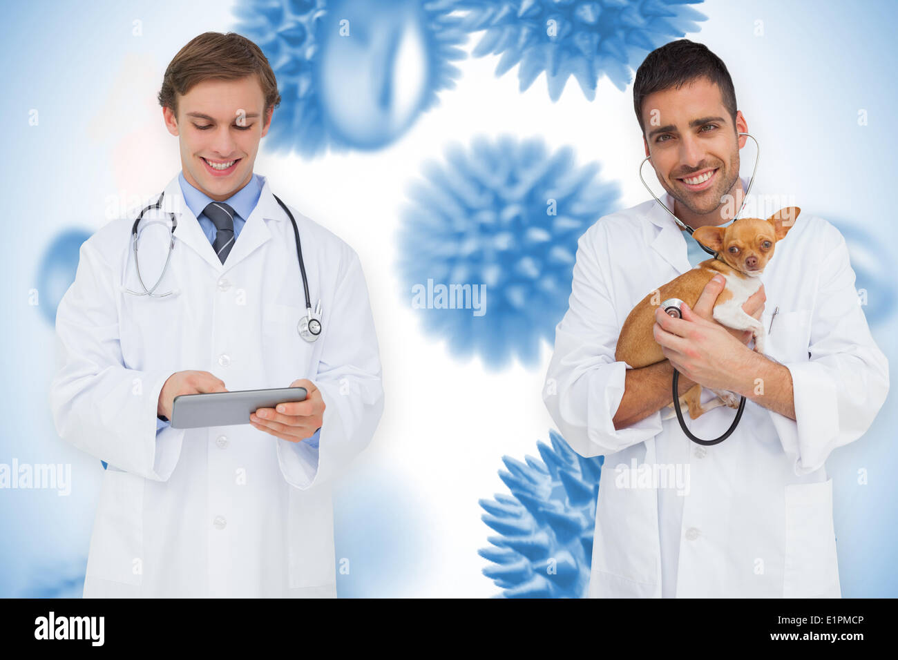 Composite image of happy doctor and vet Stock Photo