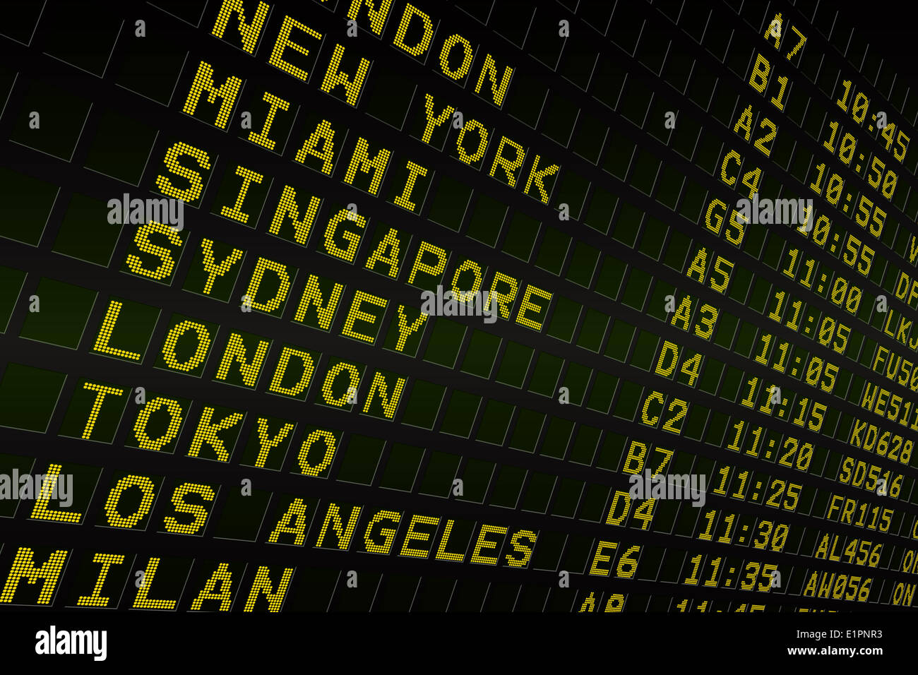 Black airport departures board with yellow text Stock Photo