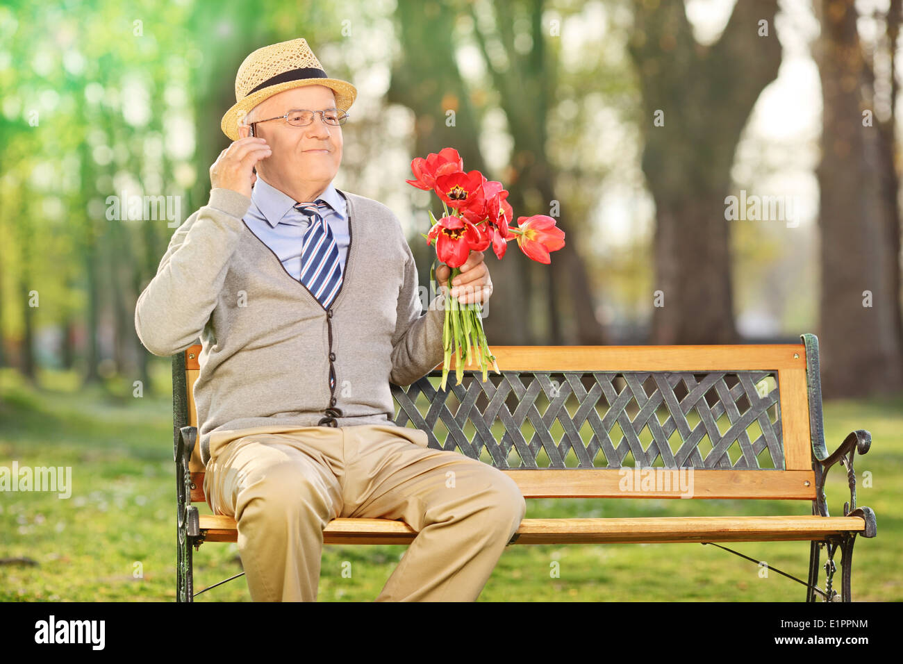 Senior talking on phone and holding red tulips seated on a bench in park Stock Photo