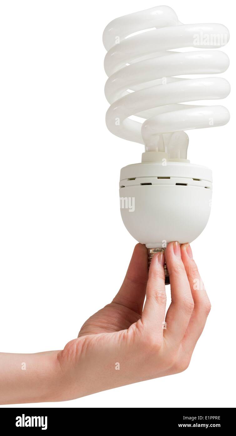Hand holding energy efficient light bulb Stock Photo