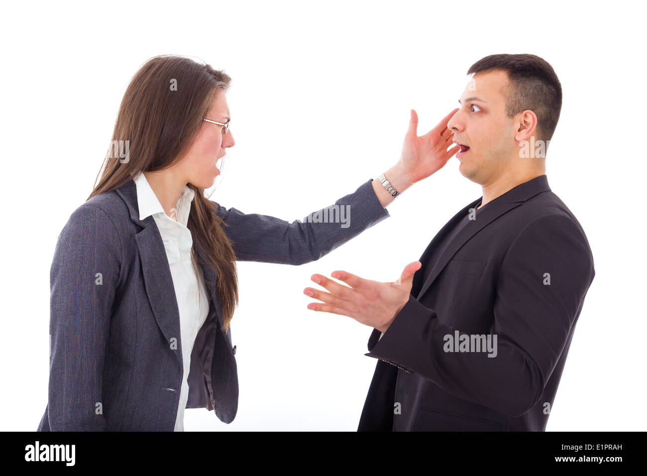 business woman slapping man's face, isolated over white Stock Photo
