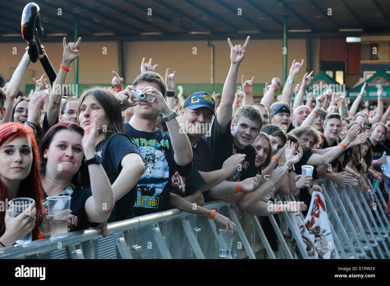 Brno, Czech Republic. 8th June, 2014. Fans of British heavymetal band Iron  Maiden pictured during the concert in Brno, Czech Republic, June 8, 2014.  The band visited Brno in the tour Maiden