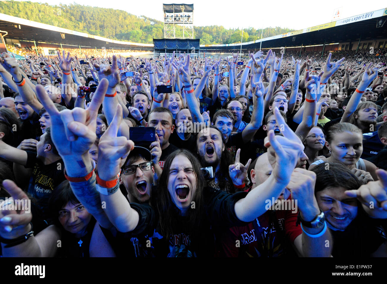 Brno, Czech Republic. 8th June, 2014. Fans of British heavymetal band Iron Maiden pictured during the concert in Brno, Czech Republic, June 8, 2014. The band visited Brno in the tour Maiden England. Credit:  Vaclav Salek/CTK Photo/Alamy Live News Stock Photo