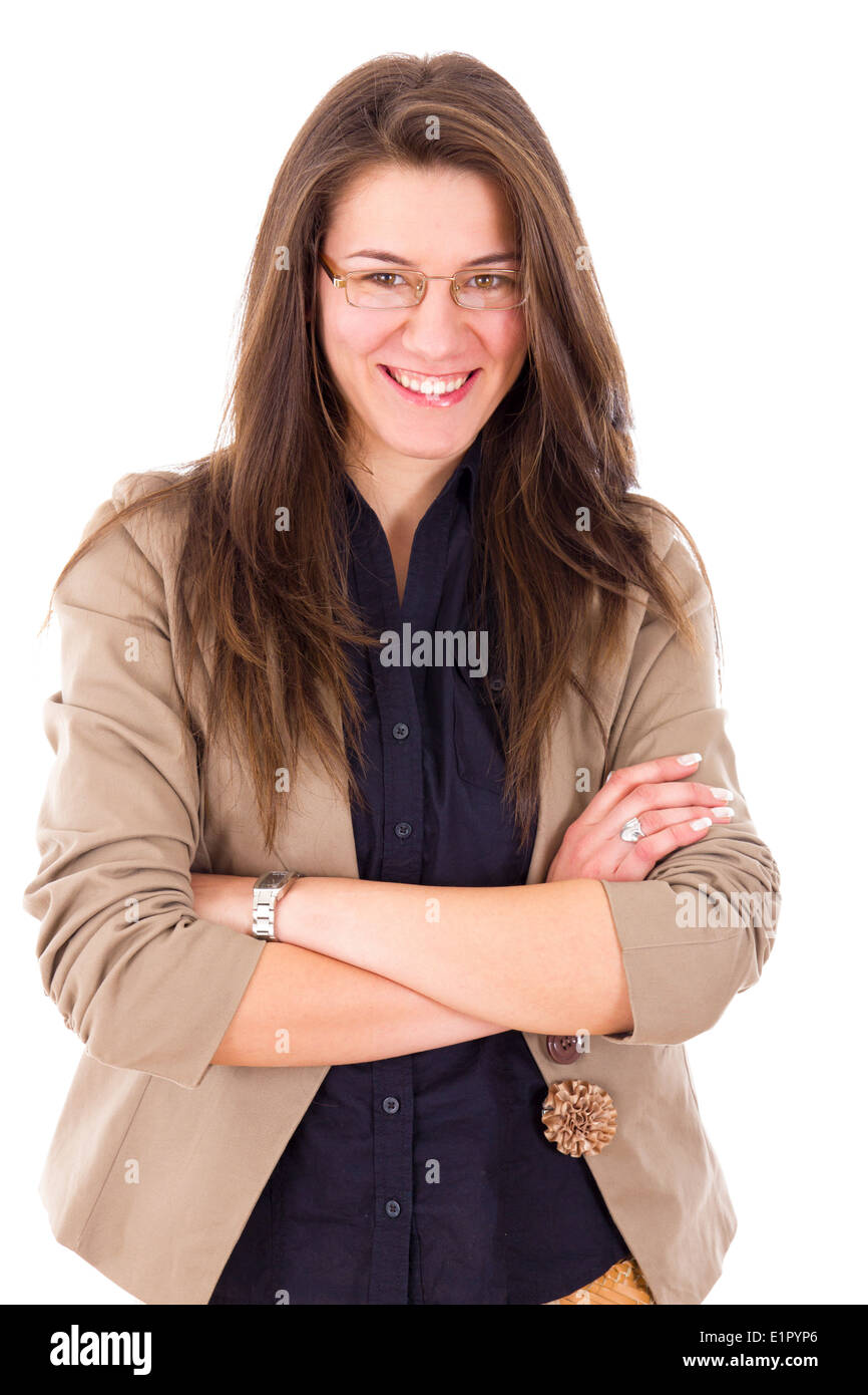 smiling attractive young woman with glasses posing with arms crossed Stock Photo