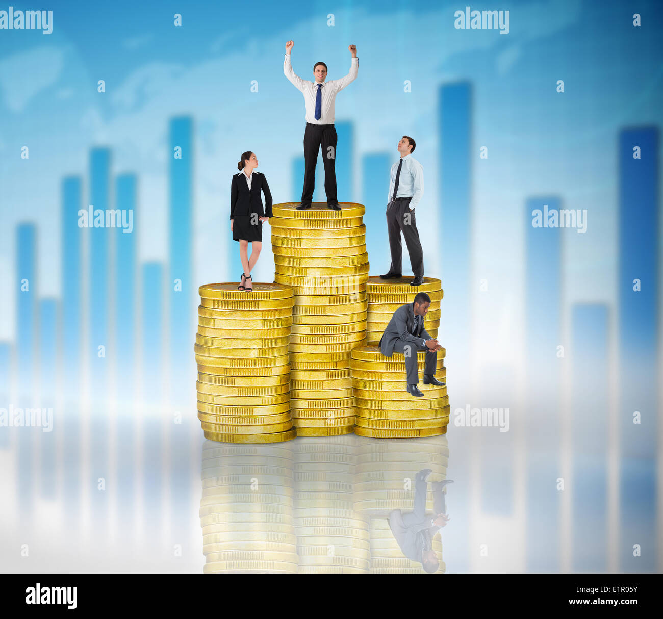 Composite image of business people on pile of coins Stock Photo