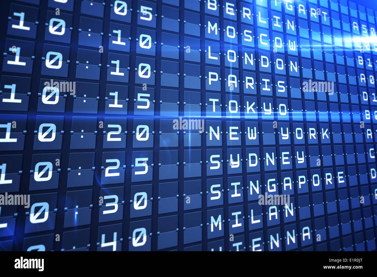 Blue departures board for major cities Stock Photo