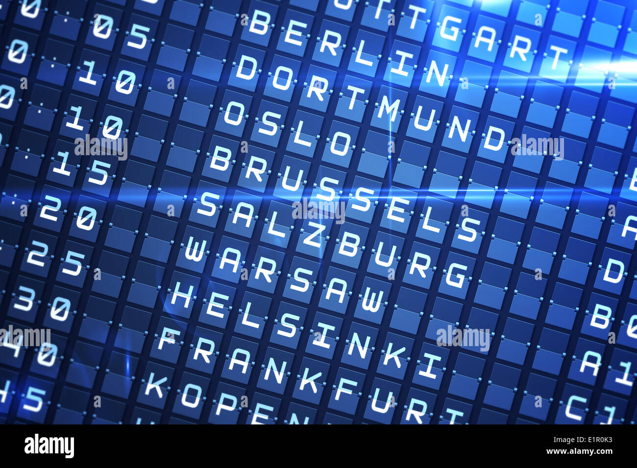 Blue departures board for major cities Stock Photo