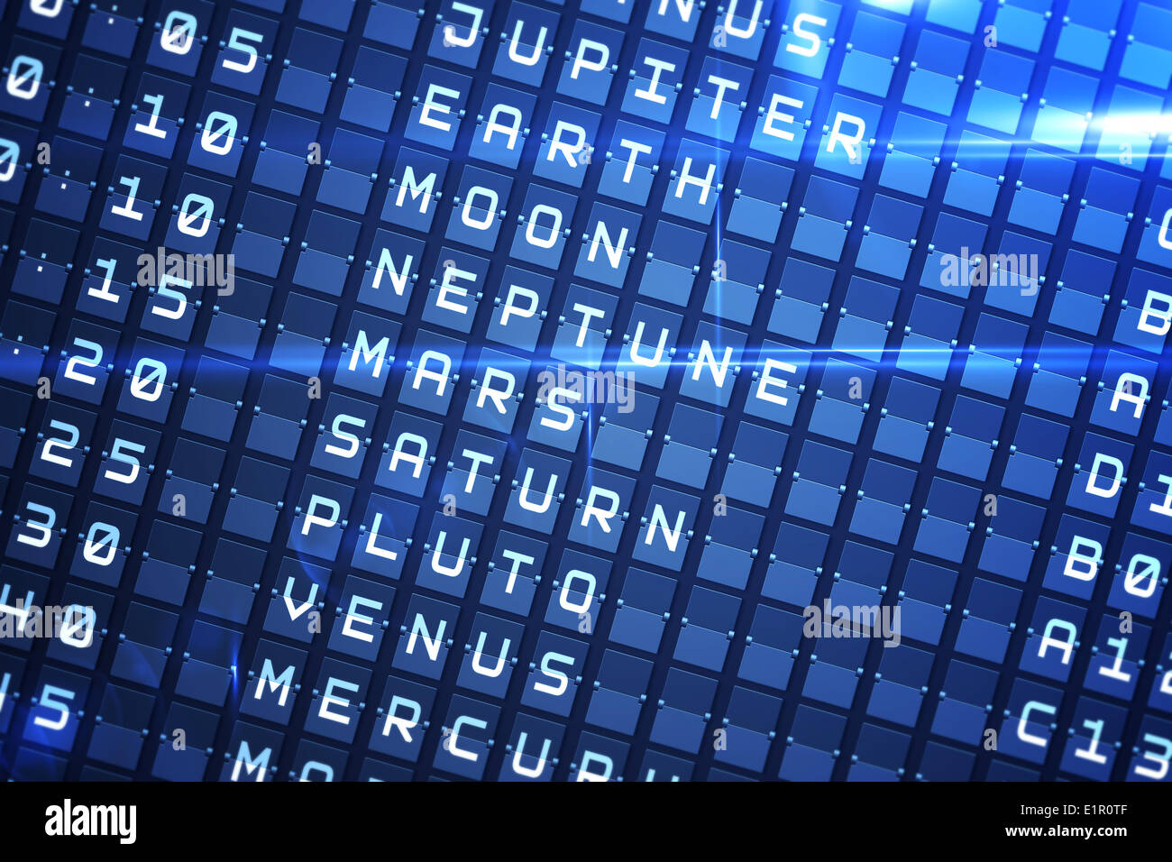 Blue departures board for space travel Stock Photo