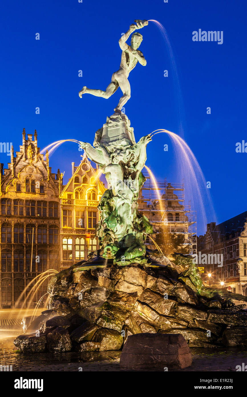Brabo fountain and medieval Guild houses in the Grote Martk, main square in Antwerp, Belgium at night Stock Photo