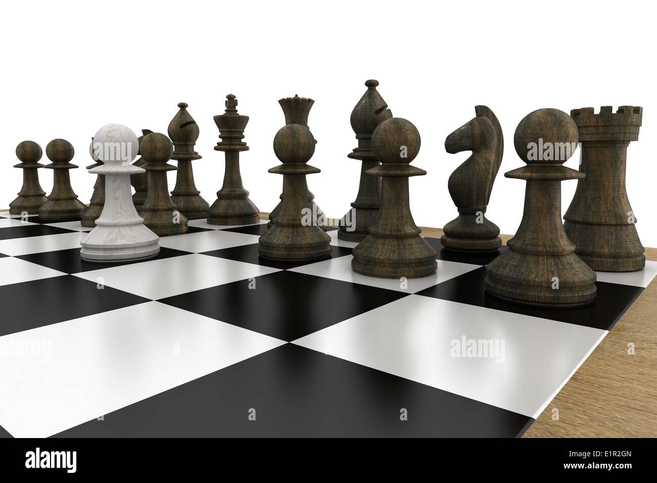 Black chess pieces on board with white pawn Stock Photo