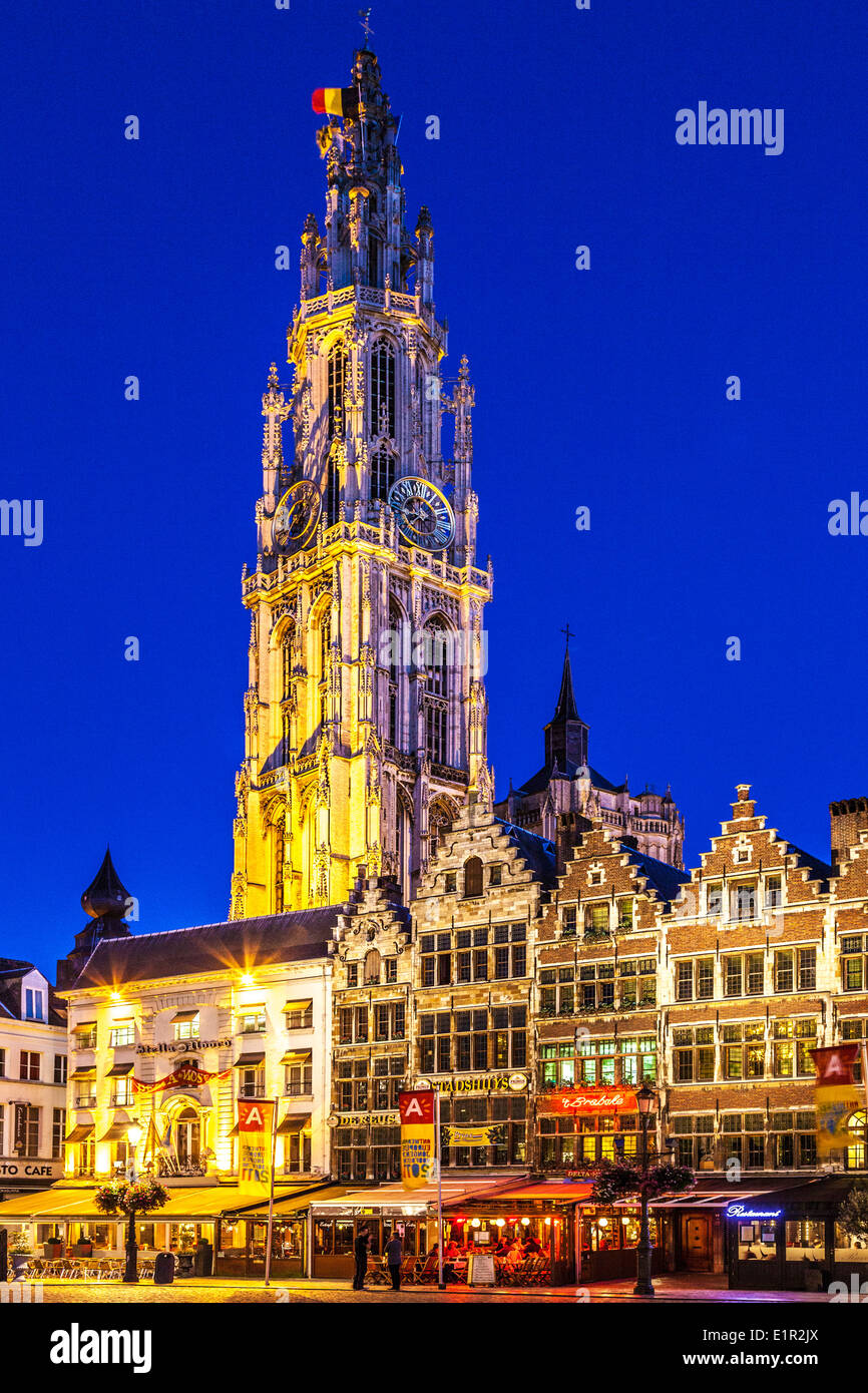 The spire of the Cathedral of Our Lady seen from the Grote Markt, main square in Antwerp, Belgium. Stock Photo