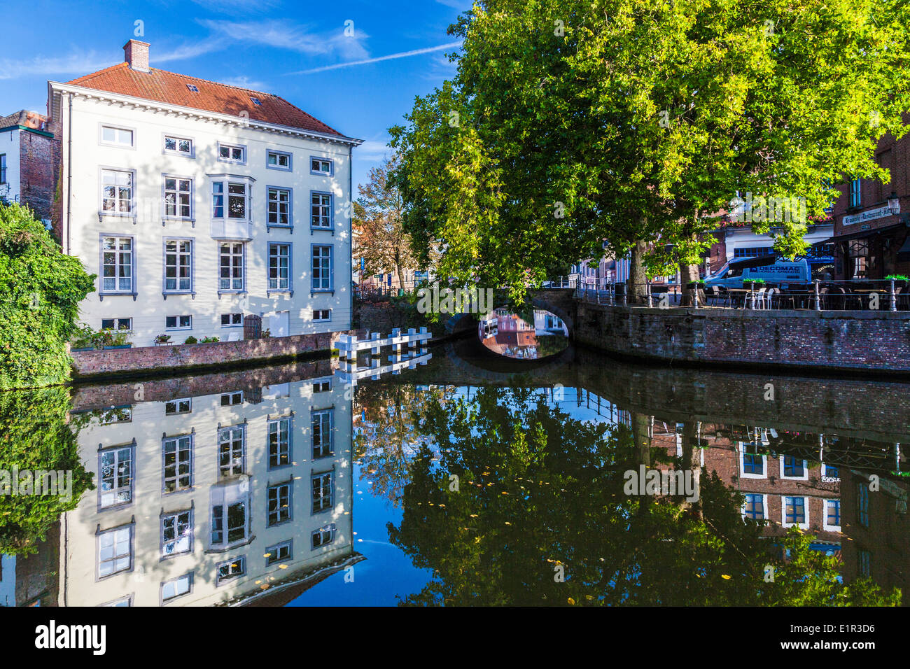 Canal and bridge in Bruges, Belgium from the Groene Rei or Green Bank Stock Photo