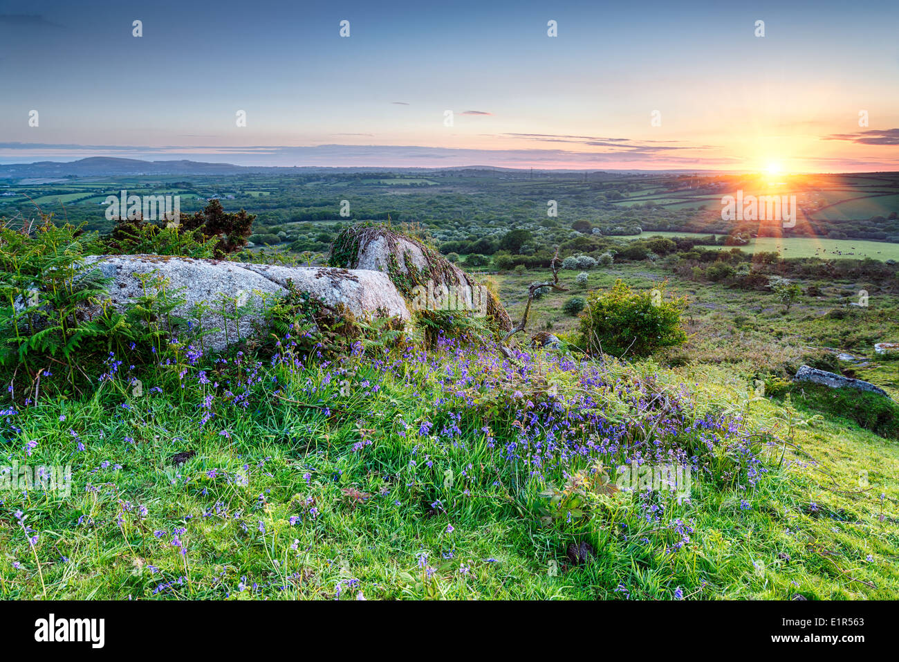 Sunset at Helman Tor a rocky area of rugged moor in near Bodmin Cornwall Stock Photo