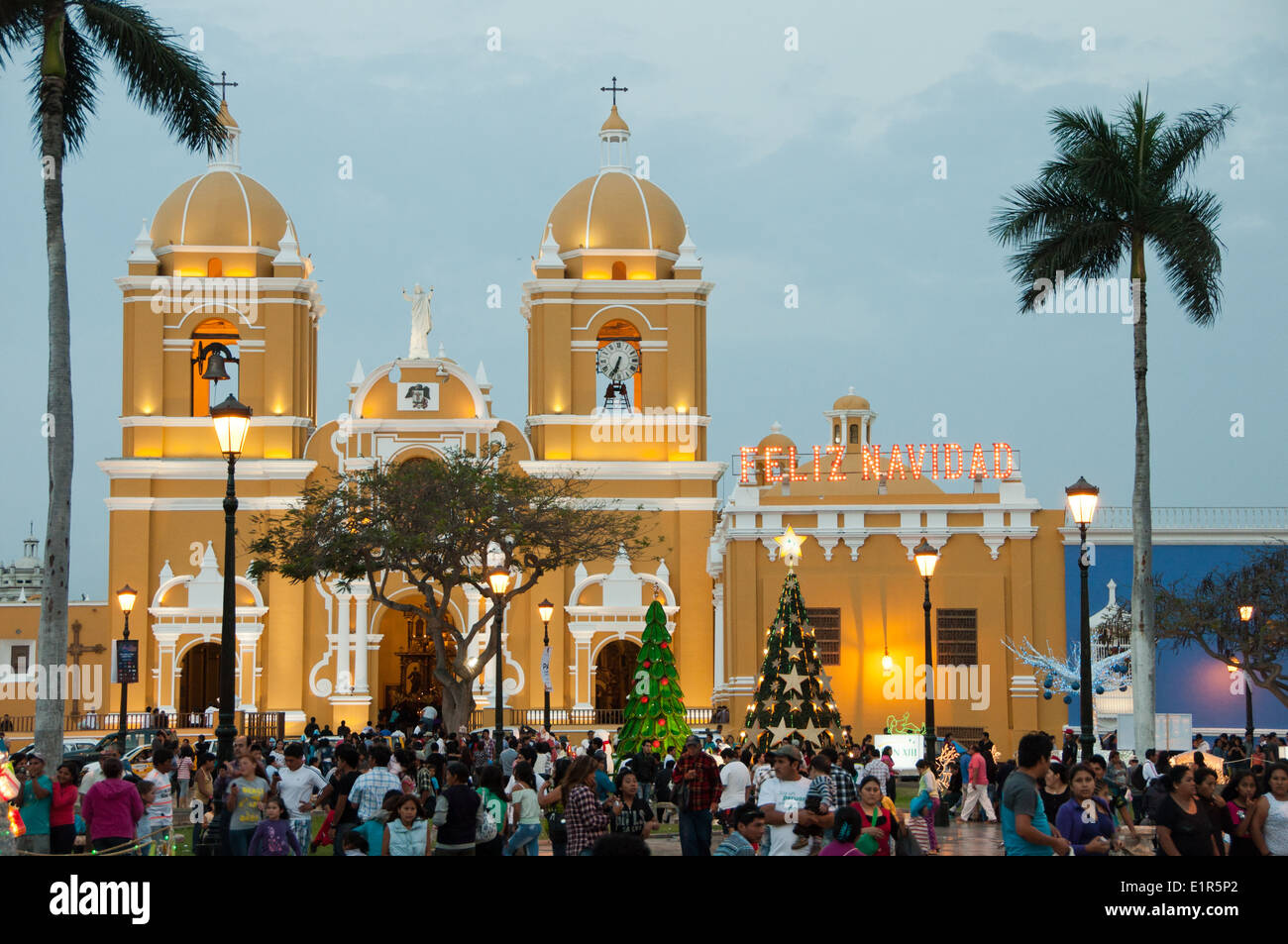 Cathedral in Trujillo Peru at Nightfall at Christmas Stock Photo