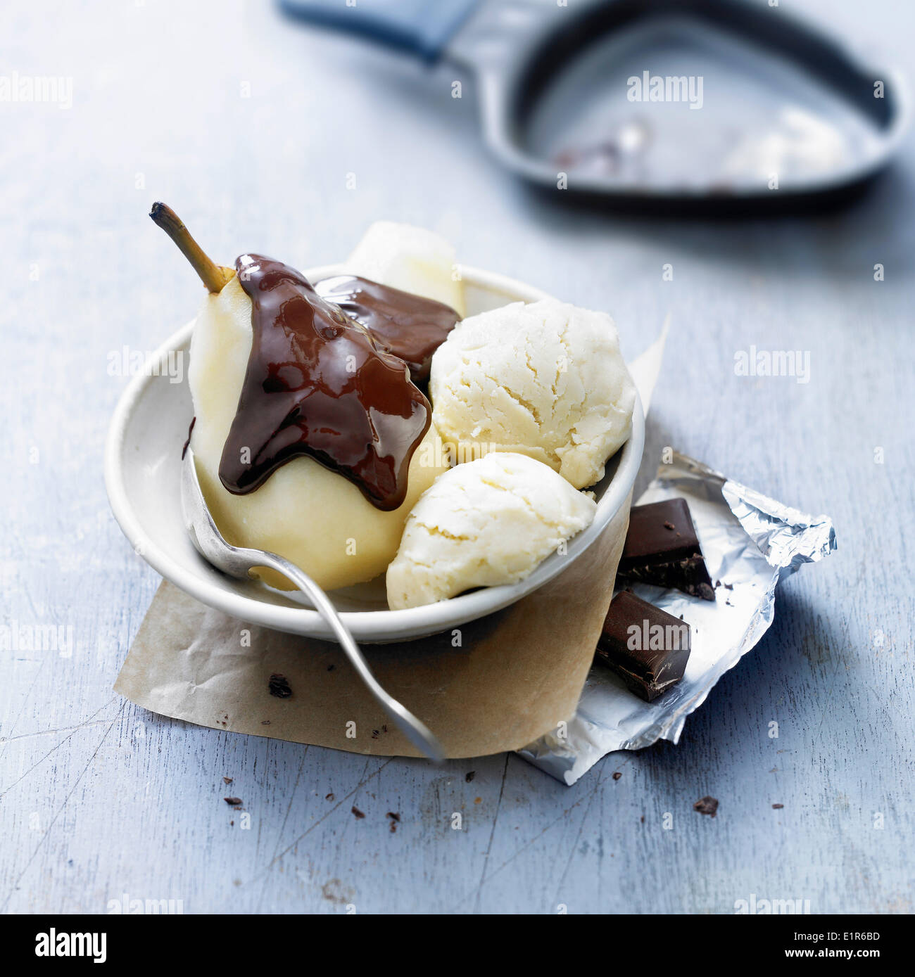 Pear,chocolate sauce and ice cream Raclette Stock Photo