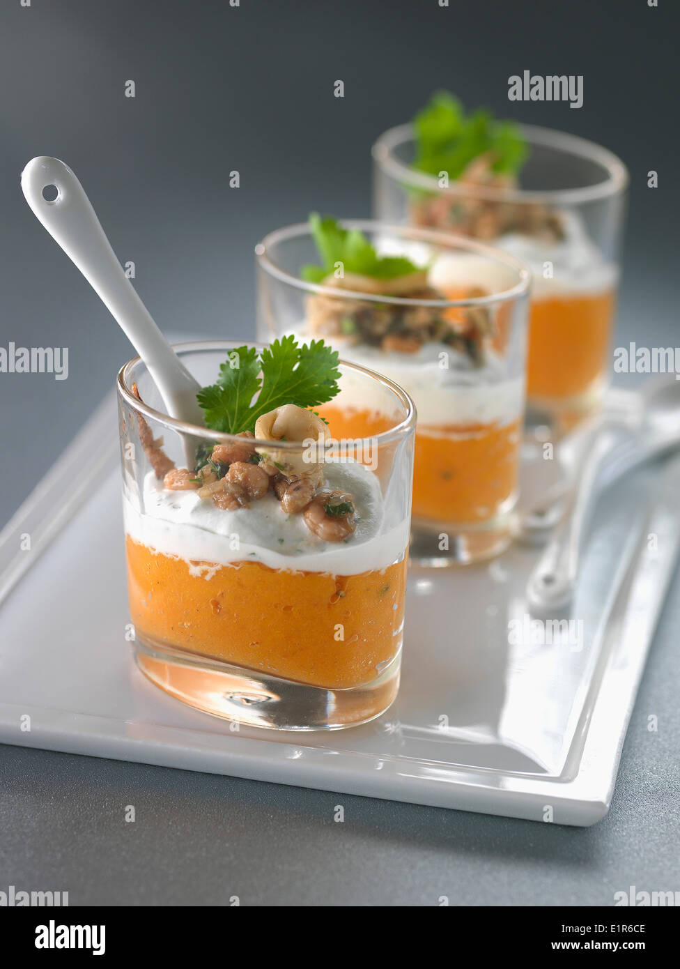 Pumpkin puree with cream and seafood Stock Photo